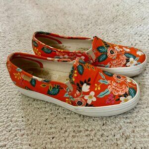 Keds x Rifle Paper orange triple-decker slip-ons w/floral print, womens size 6.5